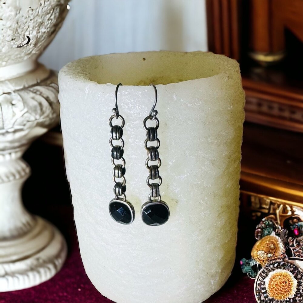 Vintage Barse Thailand 925 Sterling Silver Black Onyx Dangle Earrings Silver - Picture 7 of 8